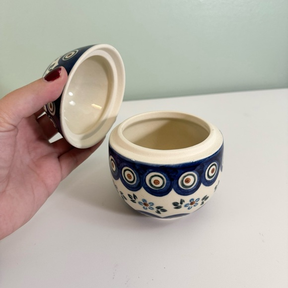 Boleslawiec Polish Pottery Easter Egg Container Candy 5” Handmade White Blue - Picture 6 of 10